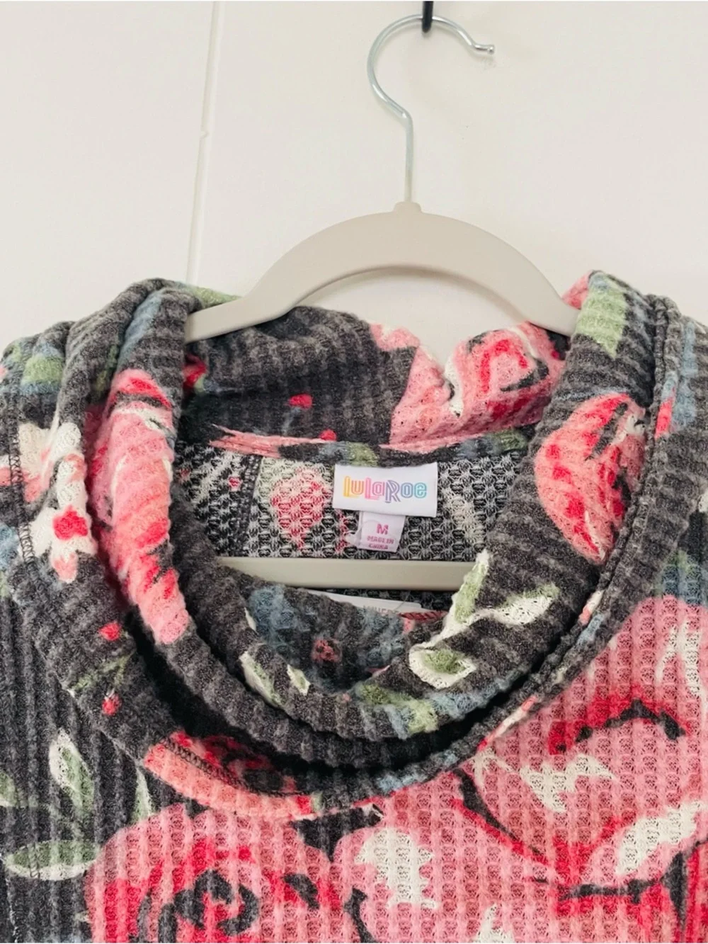 LuLaRoe Charcoal Sweater with Pink Rose Print